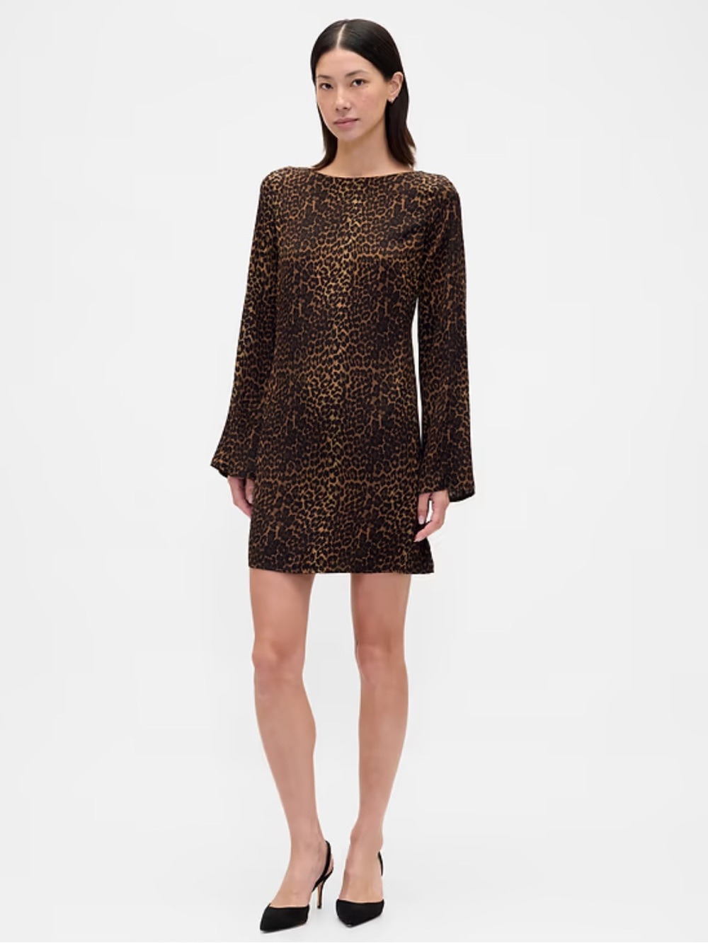 GAP Leopard Boatneck Mini Shift Dress Long Sleeve XS Petite - Picture 2 of 5